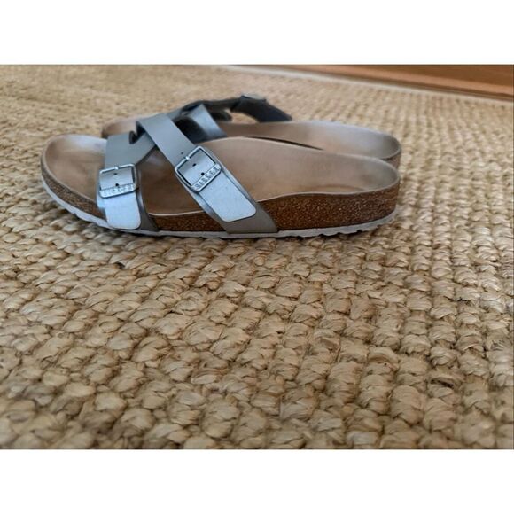 Birkenstock Silver Cross Strap Sandals 39 Women Comfort Cork Footbed Germany - Picture 3 of 7